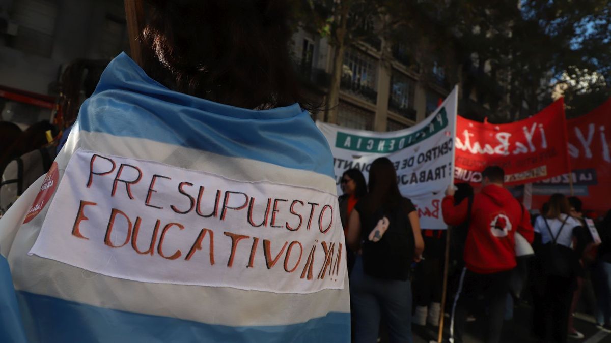 Manifestante con una bandera argentina que dice Presupuesto educativo ya durante una marcha universitaria