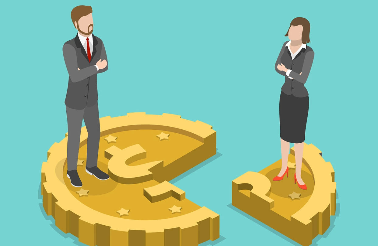 Ilustraci�n de un hombre y una mujer parados sobre una moneda partida en dos partes desiguales